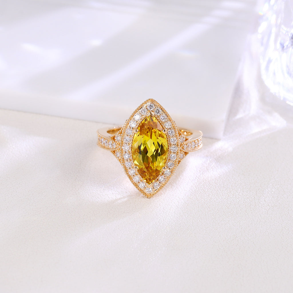 14K Gold 4ct Marquise Cultured Yellow Crystal Ring Light Luxury Vintage Gold Edge Inlaid Ring