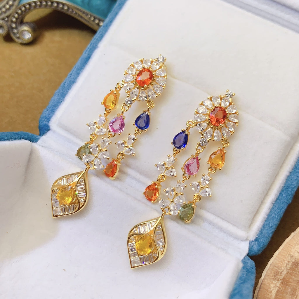 S925 Earrings Niche High-End Feel Earrings 4*5mm Natural Colorful Sapphire Earrings