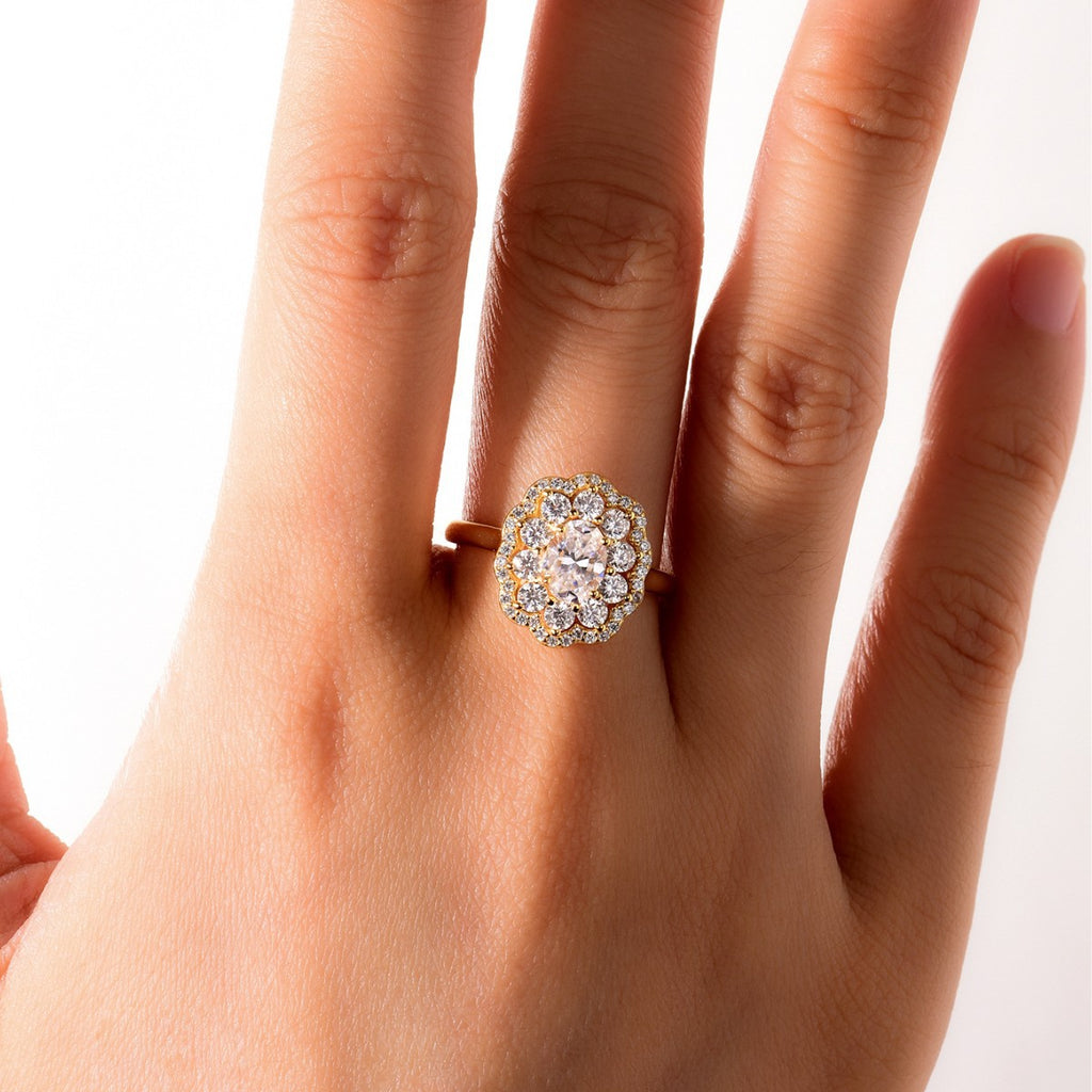 S925 Silver Moissanite Ring Oval Main Stone Vintage Flower Surround Double Circle Gold Light Luxury Banquet Style Women's Ring