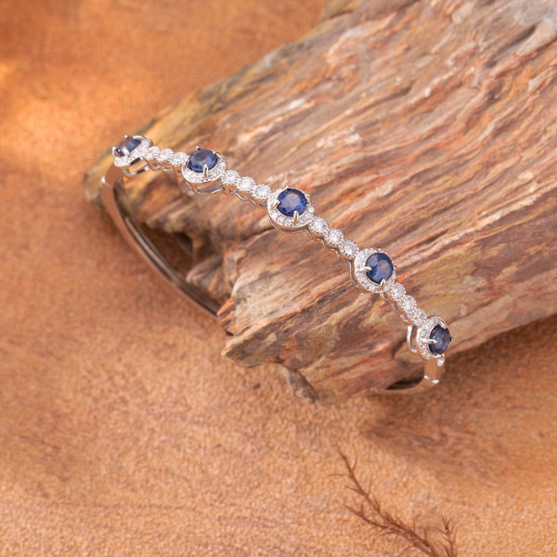 S925 Silver Natural Sapphire Open Bracelet
