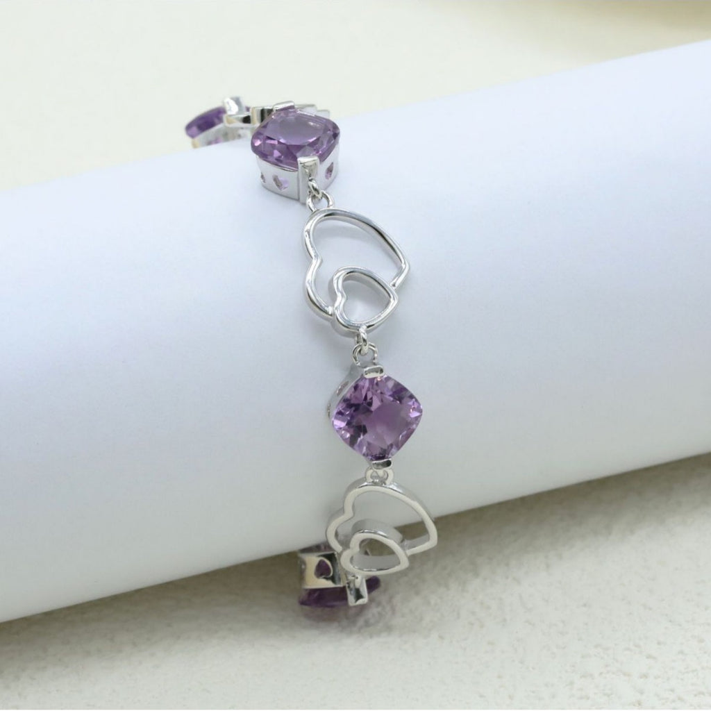 925 Sterling Silver Bracelet Love Double Heart Inlaid Amethyst Women's Bracelet