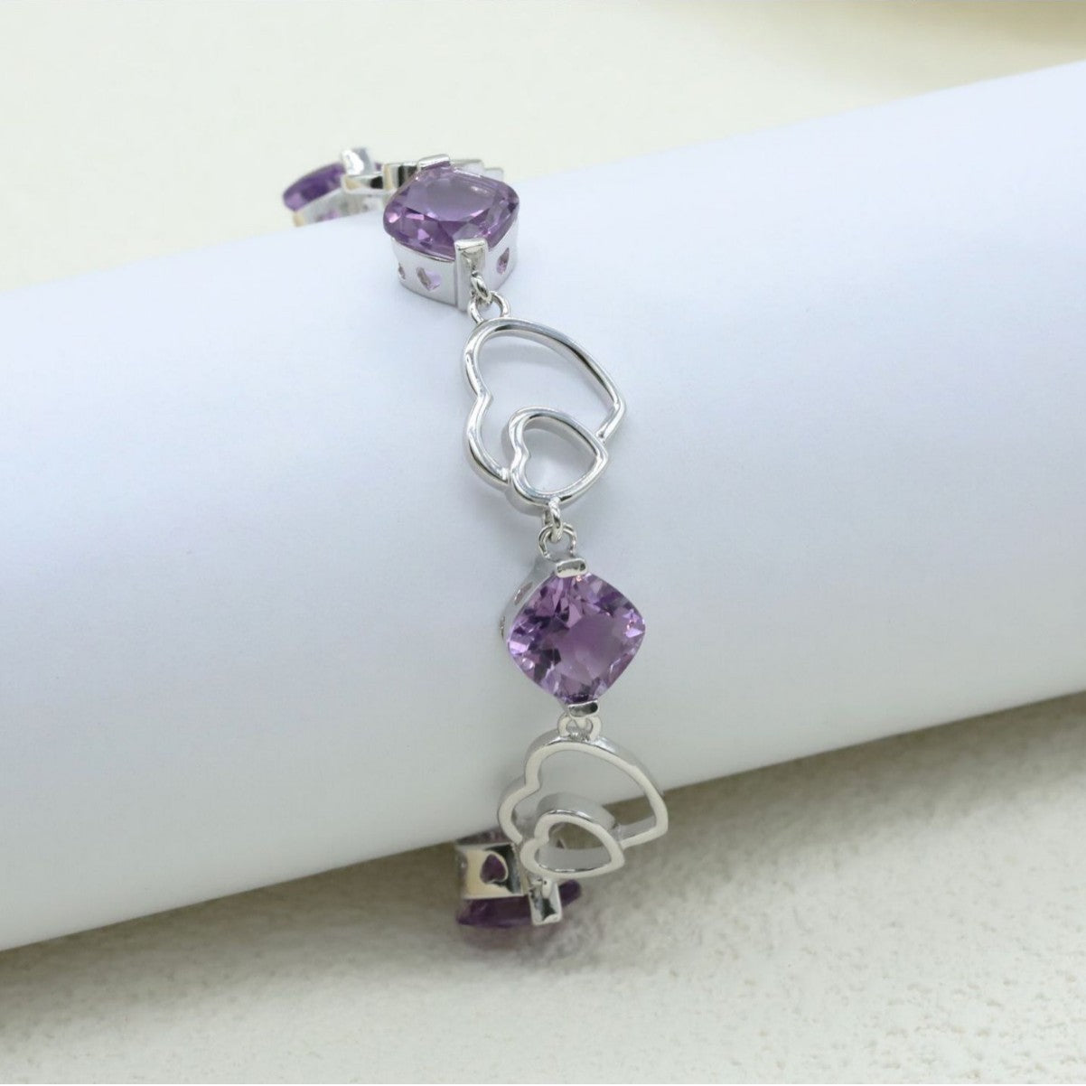 925 Sterling Silver Bracelet Love Double Heart Inlaid Amethyst Women's Bracelet