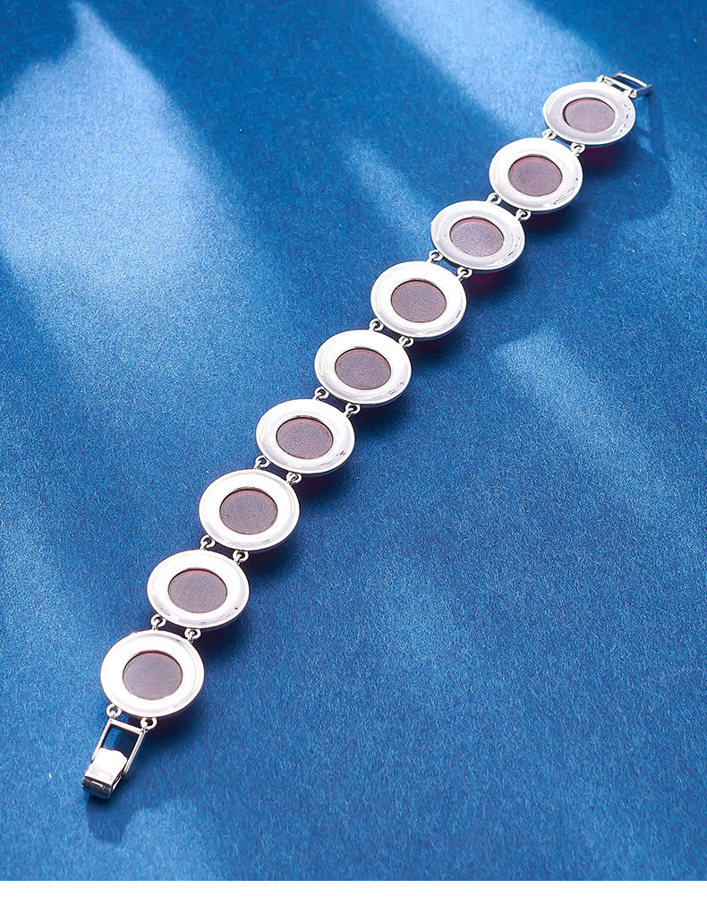 European and American Retro Mosaic Round Red Corundum Bracelet S925 Sterling Silver Inlaid Pink Crystal Cabochon Personalized Bracelet