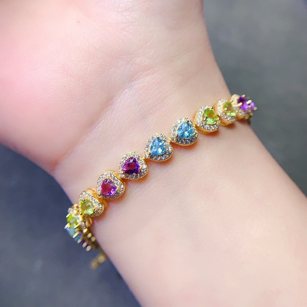 925 Silver Fine Craft Inlaid 4*4mm Natural Swiss Blue Topaz Olive Amethyst Bracelet