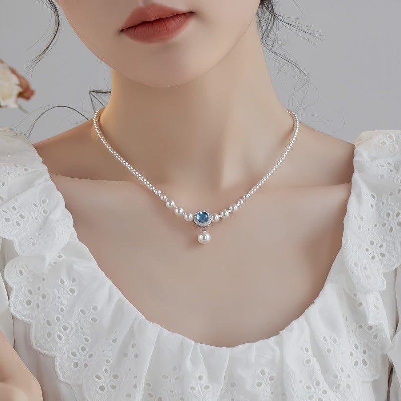 Natural Australian White Jellyfish Shell Pearl Necklace for Women with Aquamarine Gradient Elegant Collarbone Chain