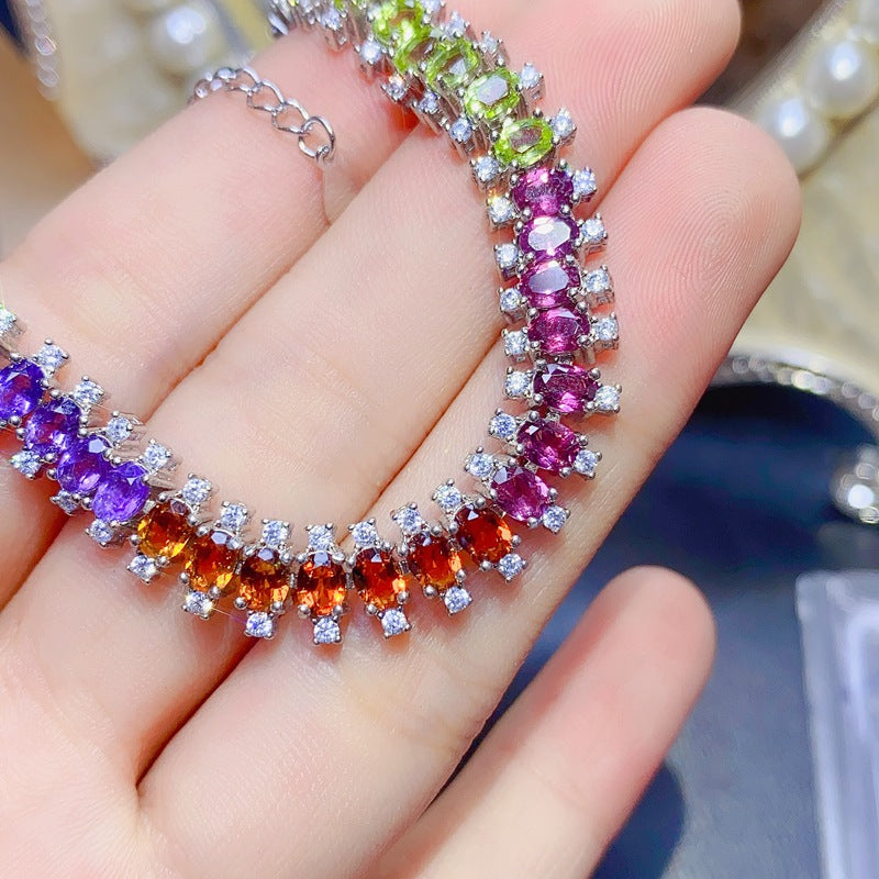 Natural Olivine Garnet Diopside Citrine Amethyst Topaz 925 Silver Multi-Gem Bracelet