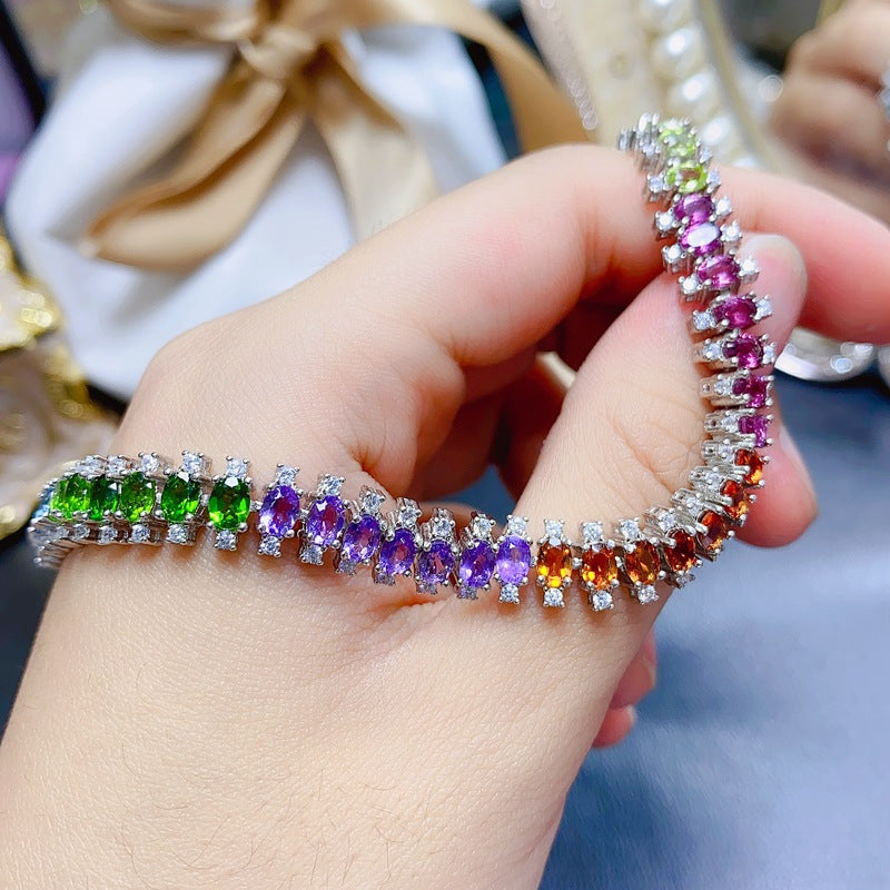 Natural Olivine Garnet Diopside Citrine Amethyst Topaz 925 Silver Multi-Gem Bracelet