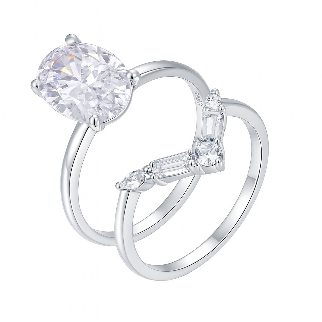 S925 Silver Combination Two-Piece Set Moissanite Ring Egg-Shaped Main Stone Exquisite Set Ring Independent Stand Hot Sale Wholesale