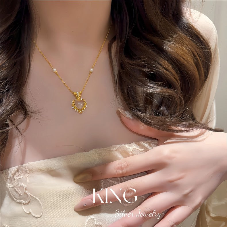 Pink Water Beauty| S925 Silver Gold-Plated Heart Pink Crystal Light Luxury Retro Niche Fashion Elegant Pure Silver Necklace