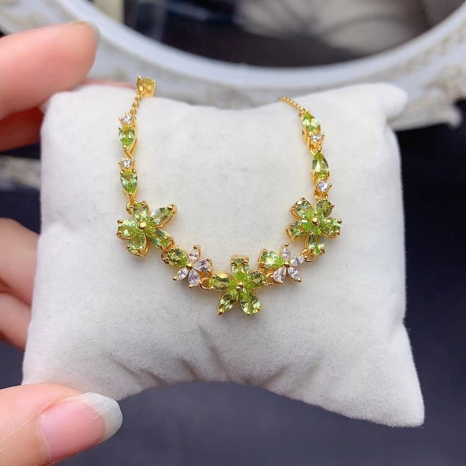 Natural Peridot S925 Sterling Silver Gold Plated Flower Peridot Bracelet