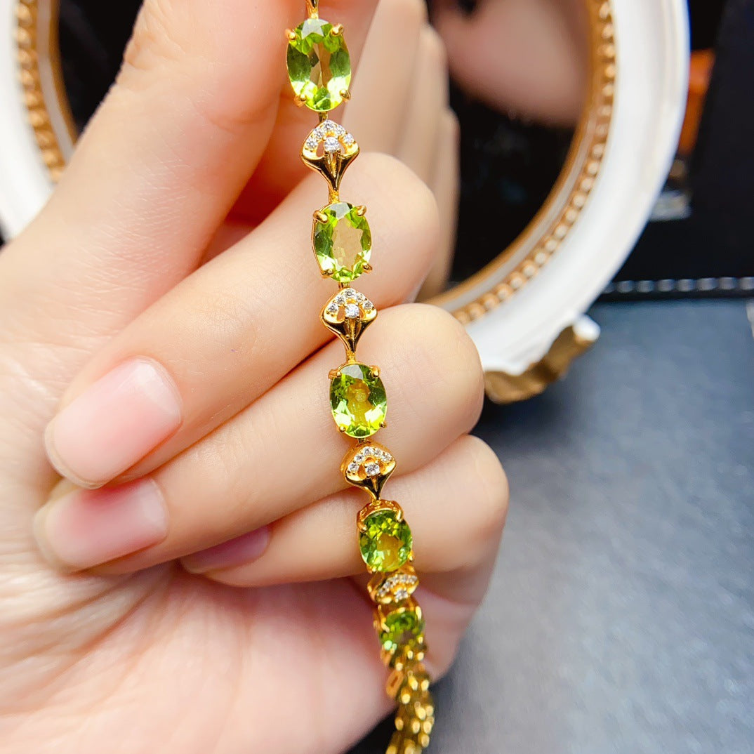 S925 Silver Inlaid Main Stone 6*8mm Natural Peridot Bracelet