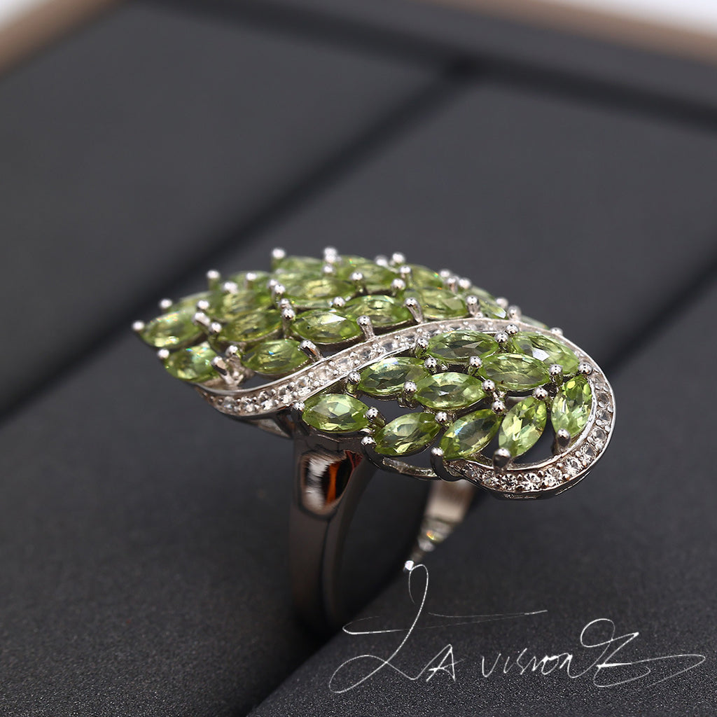 925 Silver Inlaid Natural Peridot Synthetic White Sapphire Ring