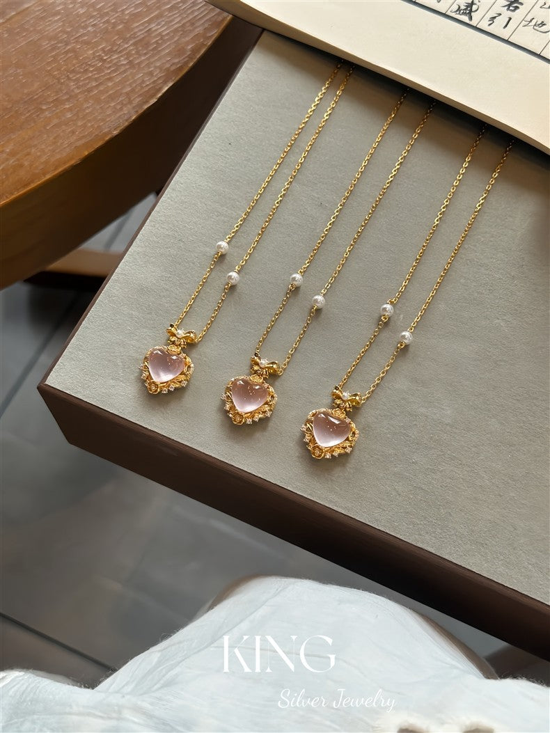 Pink Water Beauty| S925 Silver Gold-Plated Heart Pink Crystal Light Luxury Retro Niche Fashion Elegant Pure Silver Necklace