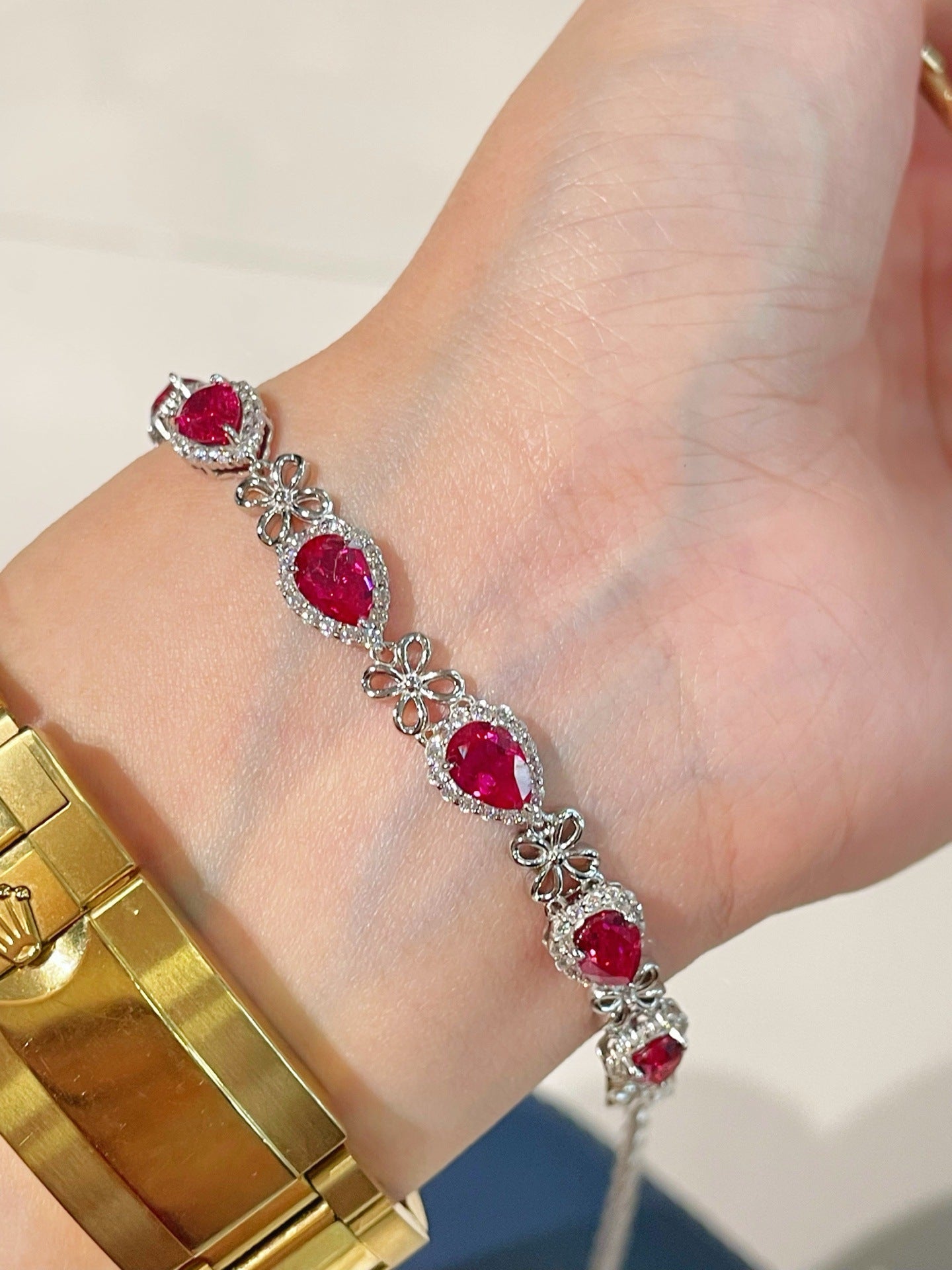 925 Silver Gold Plated Red Corundum Water Drop Flash Diamond Bracelet
