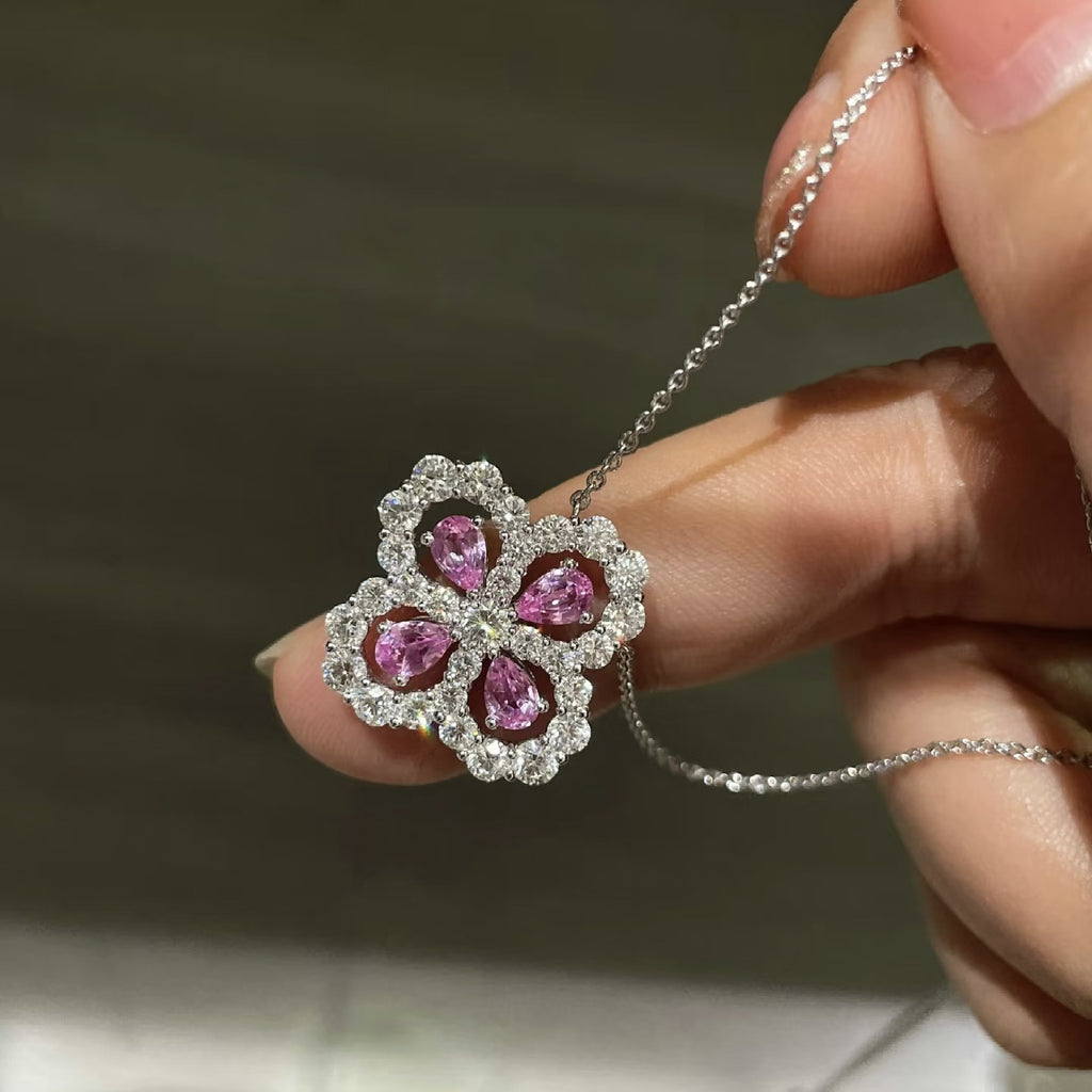 1.9 Carat Four-Leaf Clover Cultivated Pink Sapphire Full Diamond Necklace Aquamarine S925 Sterling Silver Pendant