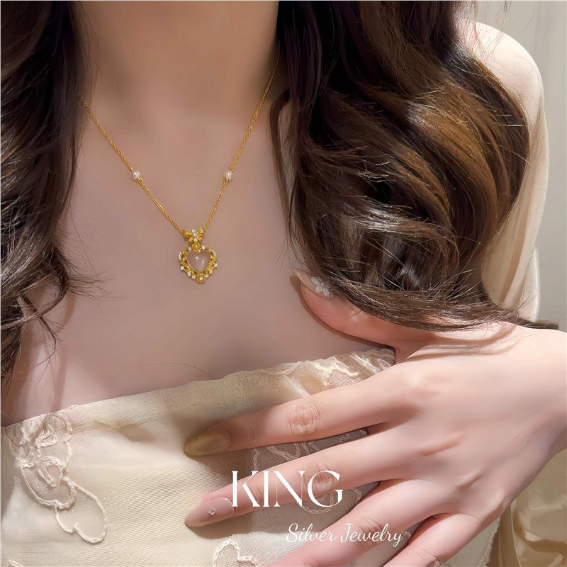 Pink Water Beauty| S925 Silver Gold-Plated Heart Pink Crystal Light Luxury Retro Niche Fashion Elegant Pure Silver Necklace
