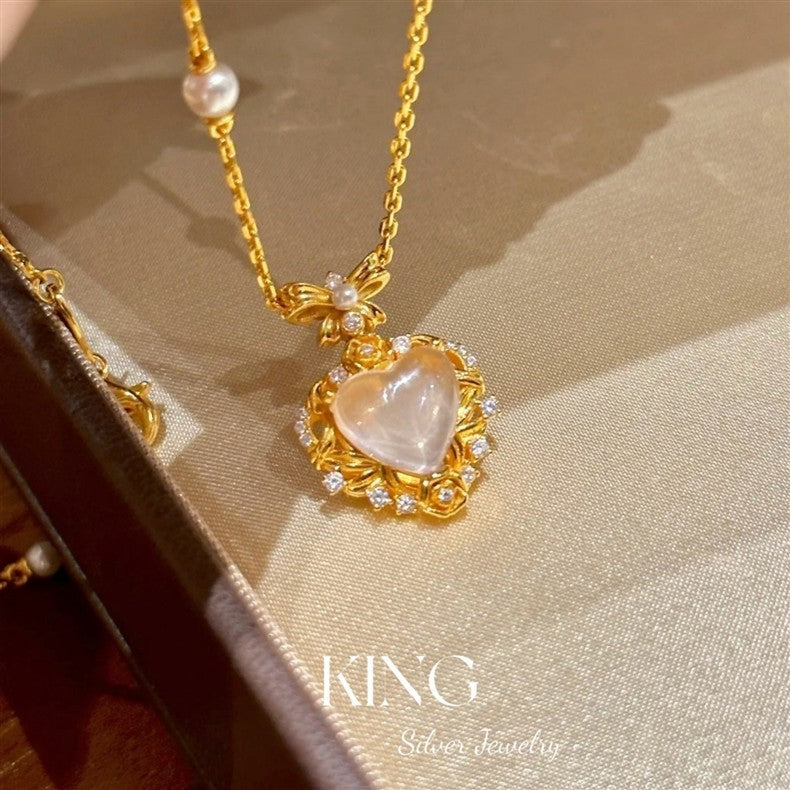 Pink Water Beauty| S925 Silver Gold-Plated Heart Pink Crystal Light Luxury Retro Niche Fashion Elegant Pure Silver Necklace