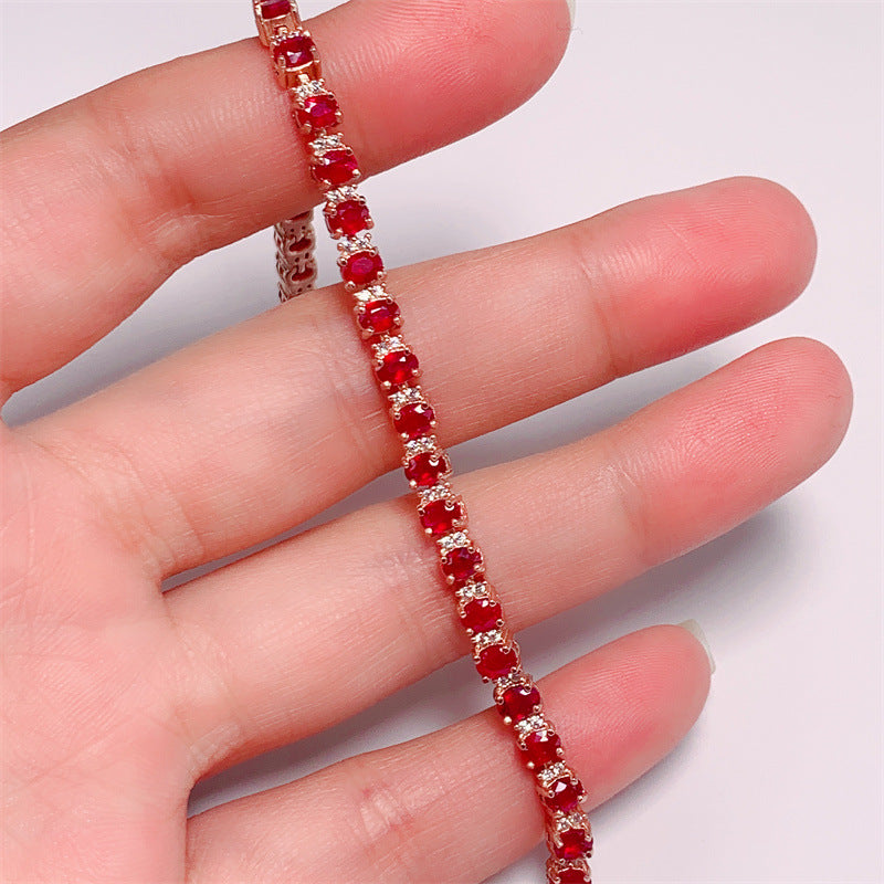 S925 Silver Plated Rose Gold Inlaid 3*4mm Natural Pigeon Blood Ruby Bracelet