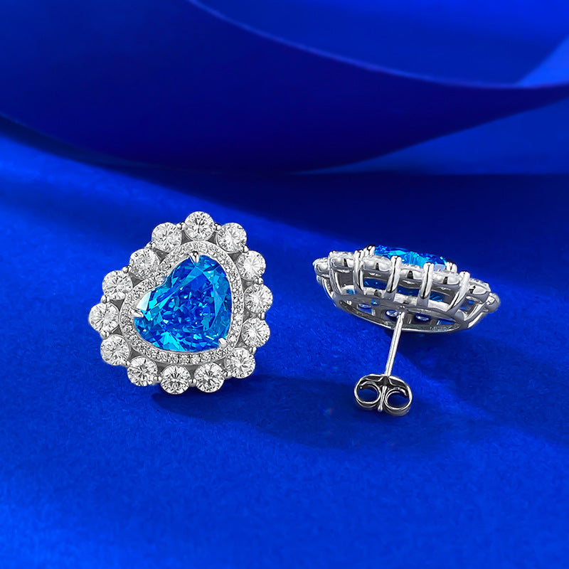 S925 Silver Full Inlaid Heart 9*11 Aquamarine High Carbon Diamond Ice Flower Heart-shaped Earrings