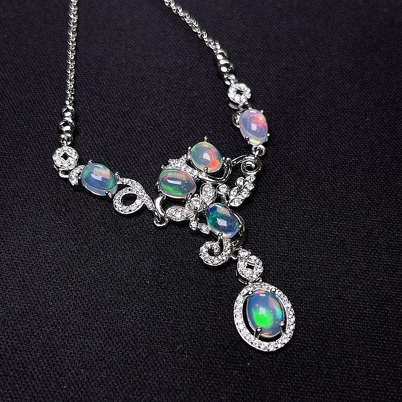 Australian Iridescent Opal Chain 925 Silver Inlaid with Dazzling Natural Fire Opal Collarbone Chain