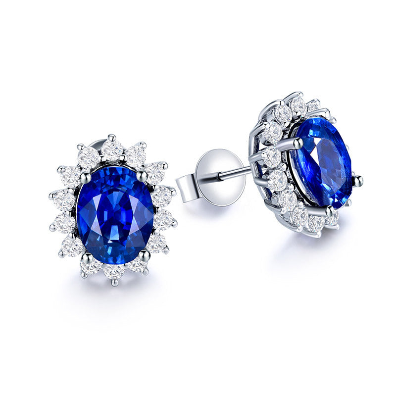 S925 Silver Plated 18K Gold Inlaid Cultivated Ruby Stud Earrings Sapphire Emerald Earrings