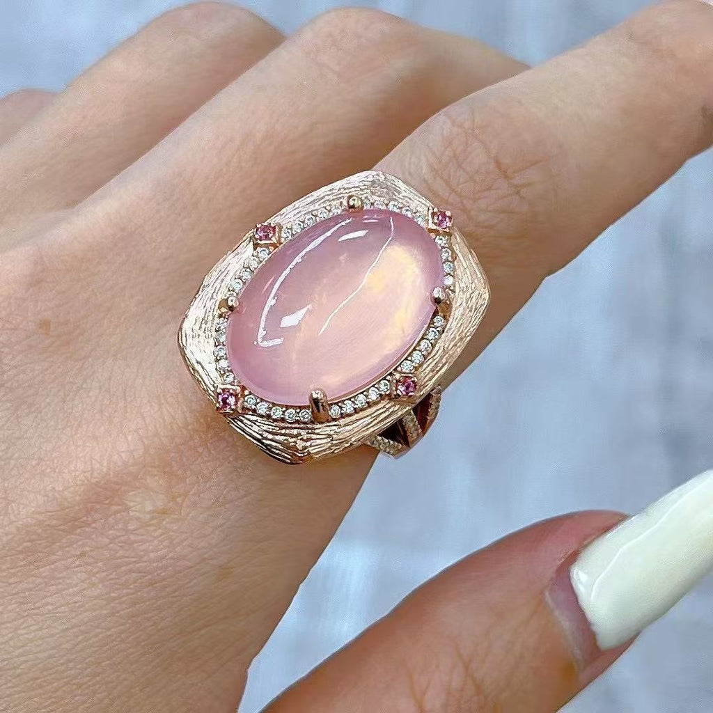 S925 Silver Plated Rose Gold Inlaid Main Stone 15*21mm Natural Rose Quartz Open Ring