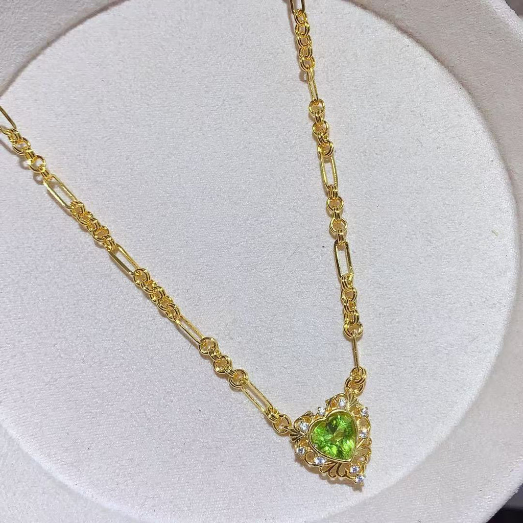 S925 Sterling Silver Inlaid Natural Peridot Necklace Heart Exquisite Light Luxury Vintage Style Versatile Collarbone Chain
