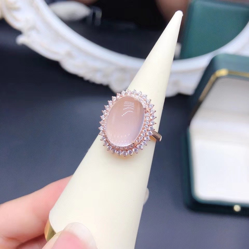 Natural Rose Quartz Ring Plain Crystal Fashionable Elegant 925 Silver Gold Plated Fine Craft Inlaid Gemstone Unisex Ring