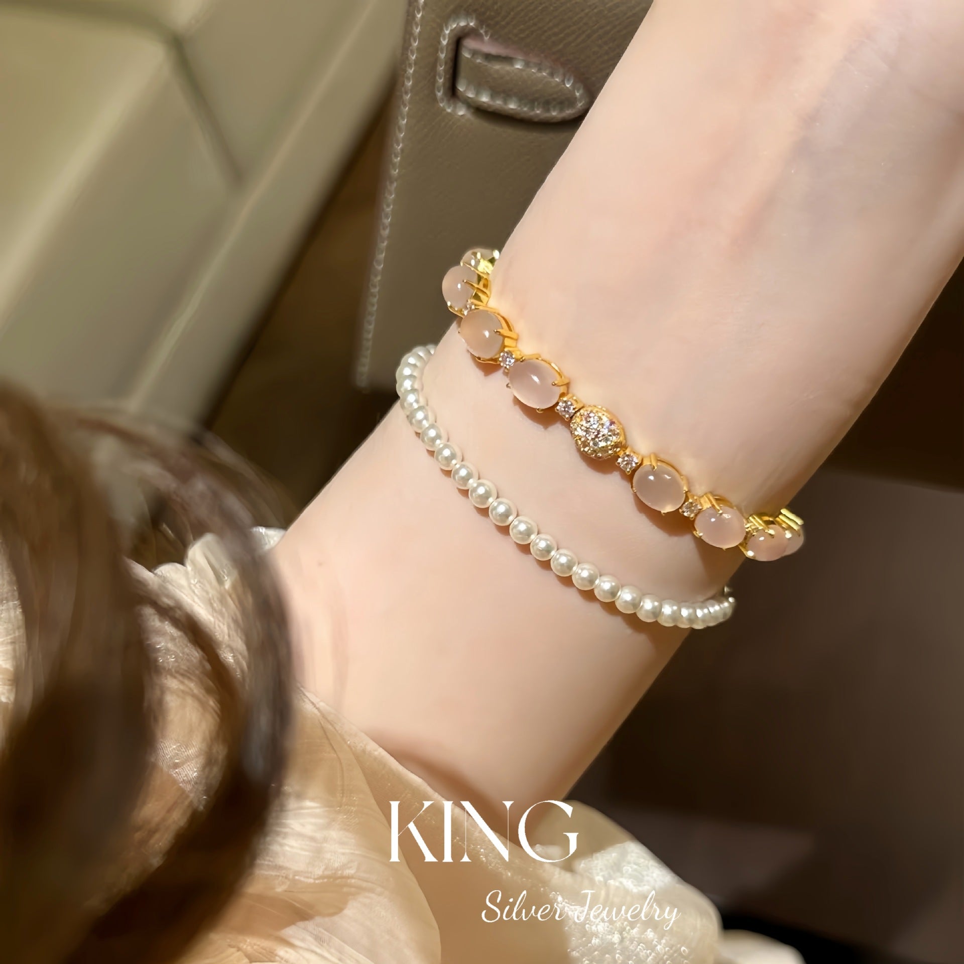 Peerless Beauty| S925 Silver Gold-Plated Cabochon Gradient Peach Pink Crystal Ultra Heavy Fashion High-End Pure Silver Bracelet