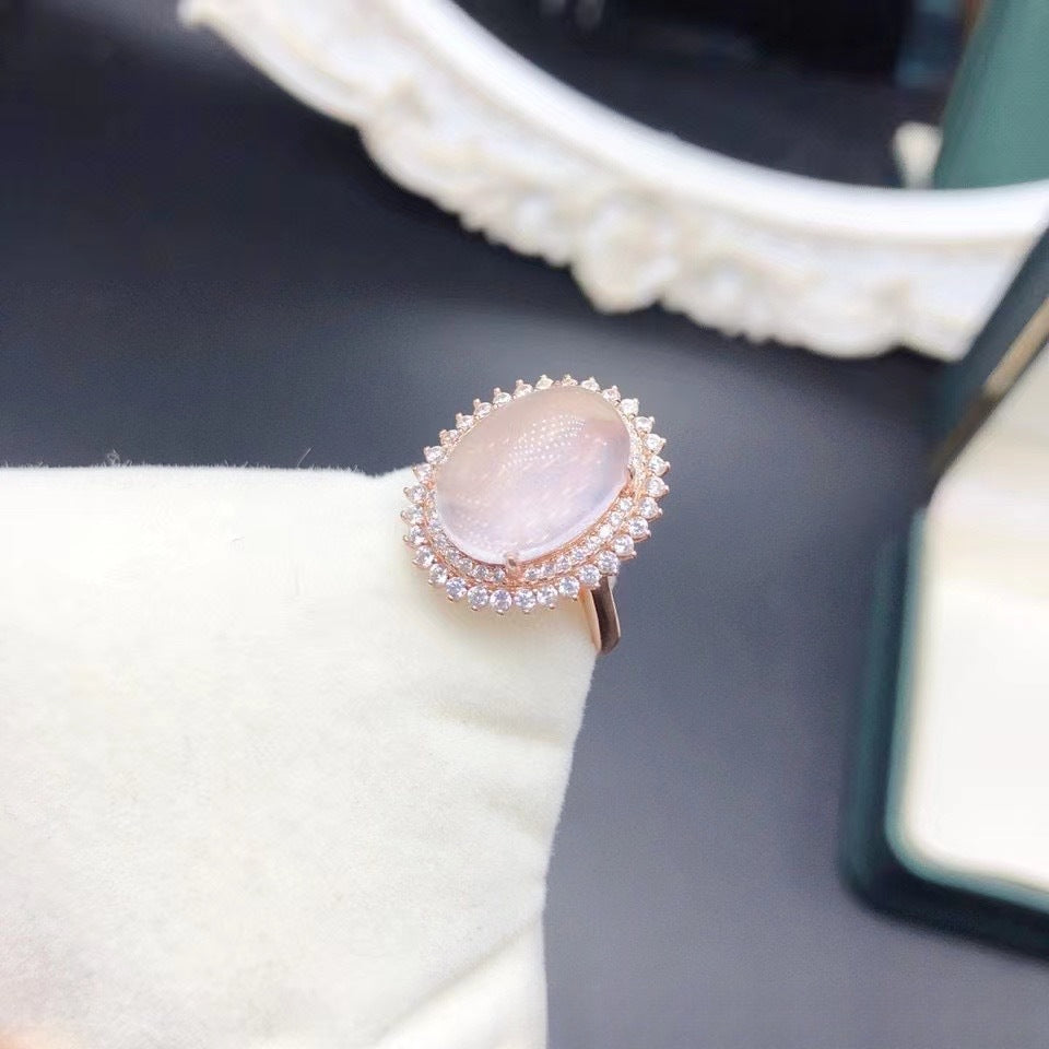 Natural Rose Quartz Ring Plain Crystal Fashionable Elegant 925 Silver Gold Plated Fine Craft Inlaid Gemstone Unisex Ring
