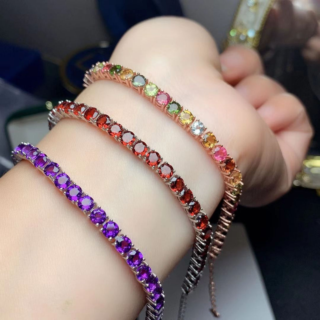 Colorful Gemstone Bracelet Natural Garnet Amethyst Tourmaline 925 Silver Single Circle Bracelet