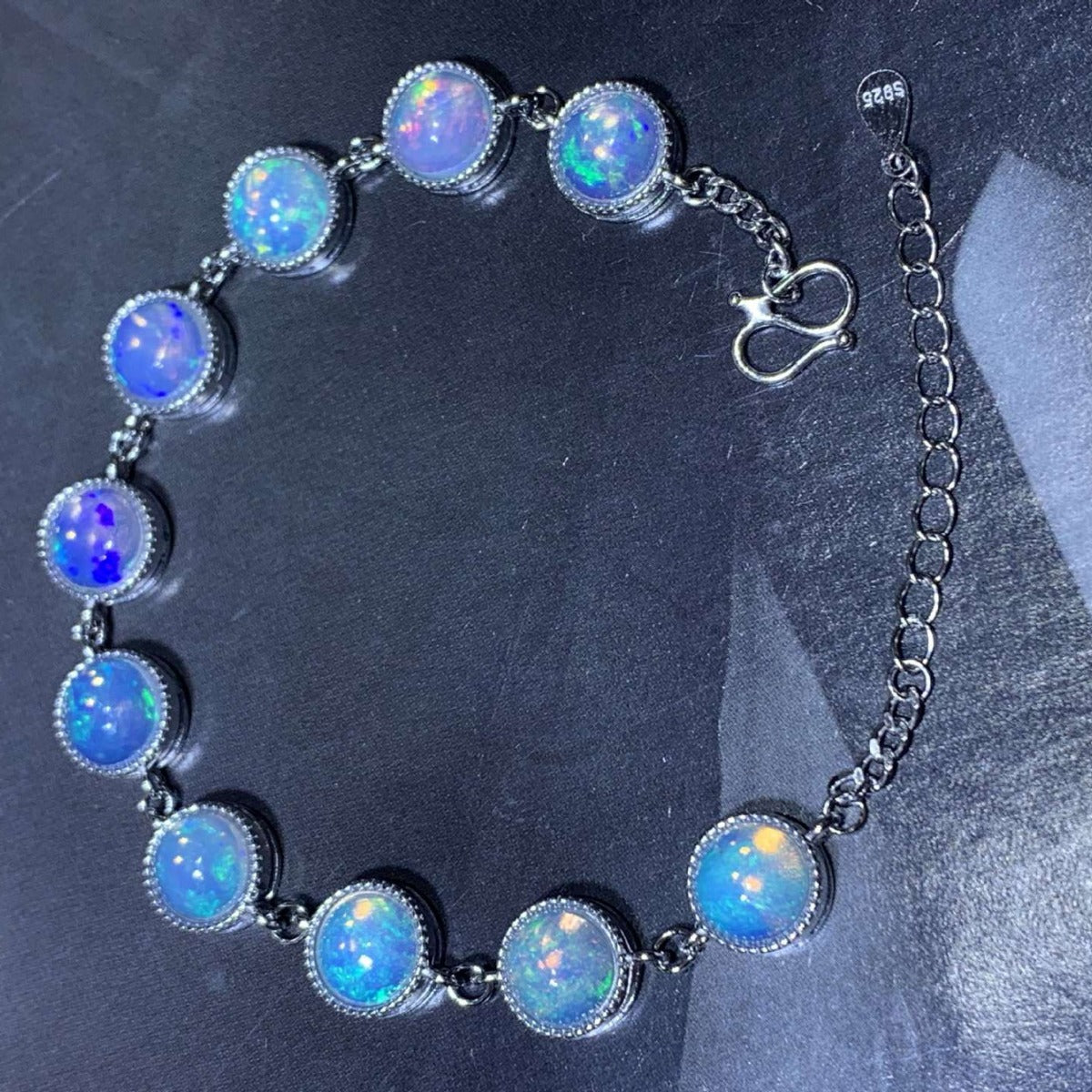925 Silver Inlaid Opal Round Egg Surface Natural Opal Bracelet