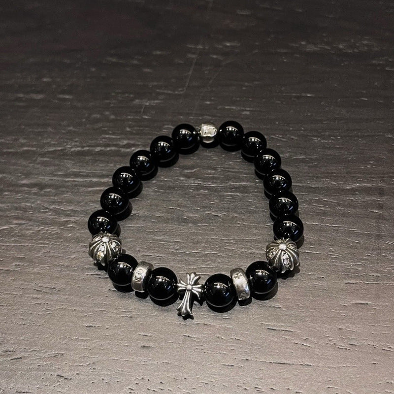 Male and Female Couples Domineering Hip-Hop Style Personality Punk 8mm Obsidian Bracelet
