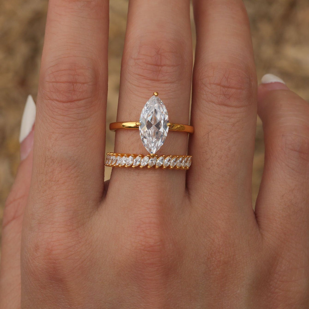S925 Silver Combination Two-Piece Set Moissanite Ring Marquise Main Stone Stackable Independent Hot-Selling Set Ring