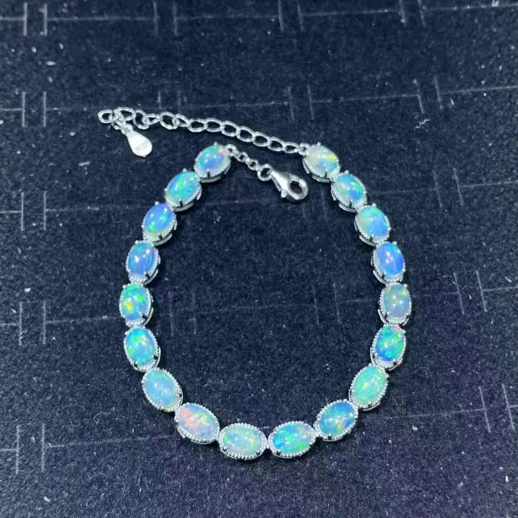 Natural Premium Opal S925 Sterling Silver Bracelet 4x6 18 Pieces Fashionable Light Luxury Colorful Gem Single Circle Bracelet