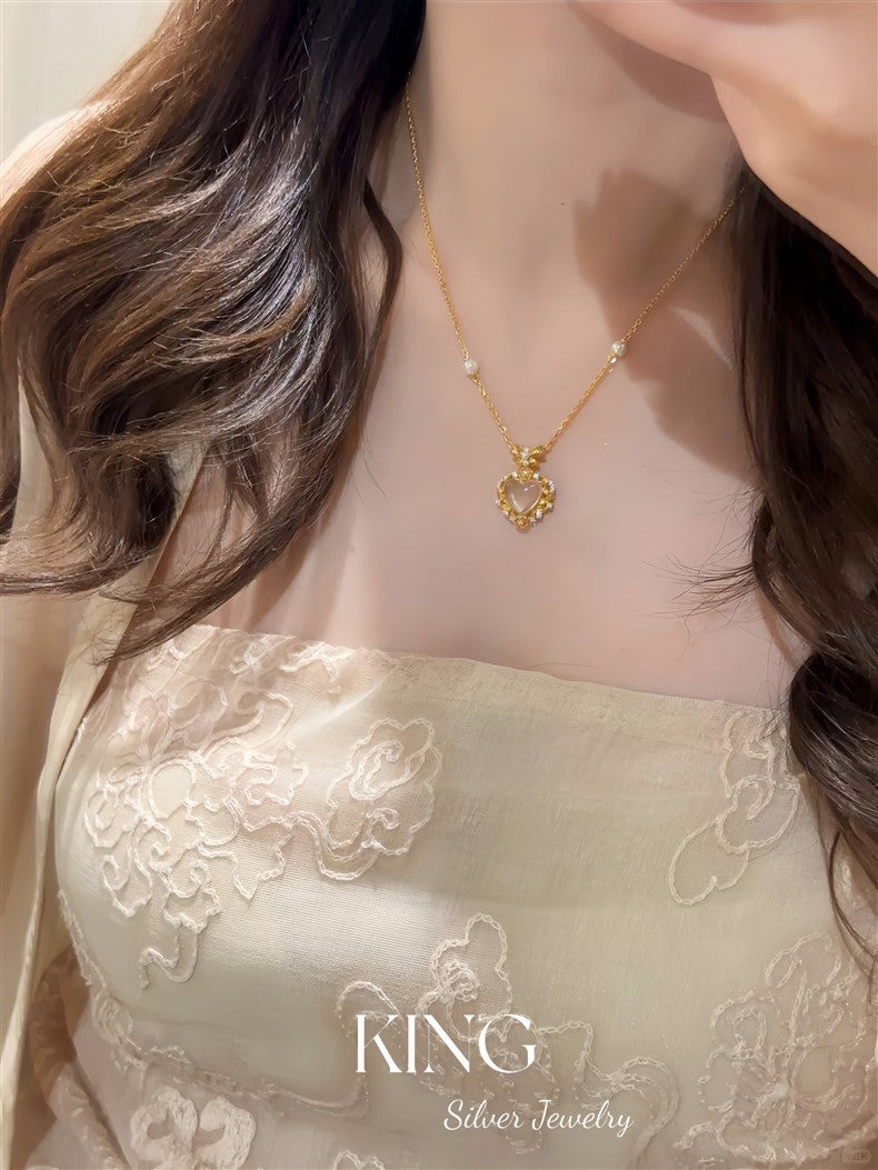 Pink Water Beauty| S925 Silver Gold-Plated Heart Pink Crystal Light Luxury Retro Niche Fashion Elegant Pure Silver Necklace