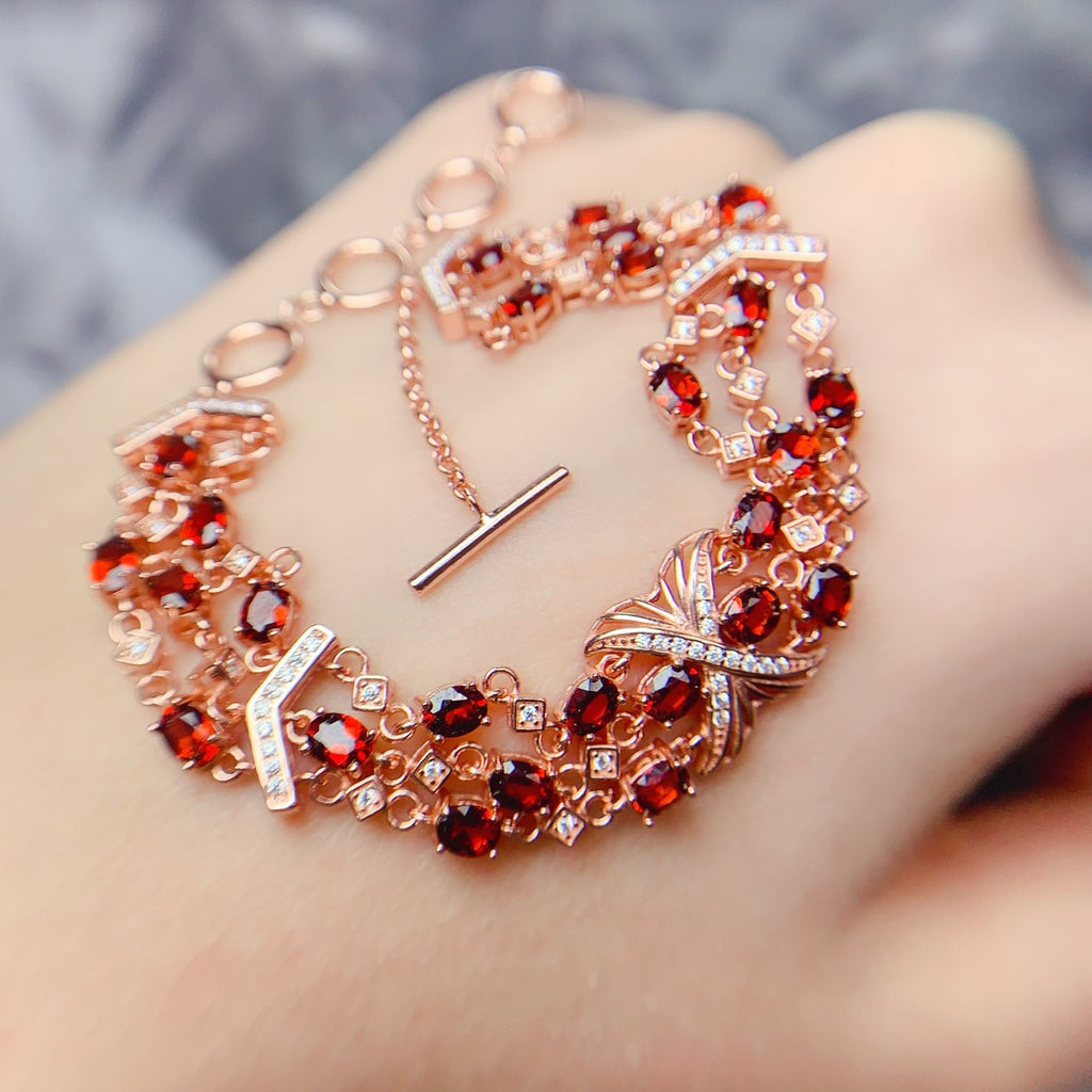 S925 Silver Fine Craft Inlaid 3*4mm Natural Garnet Bracelet
