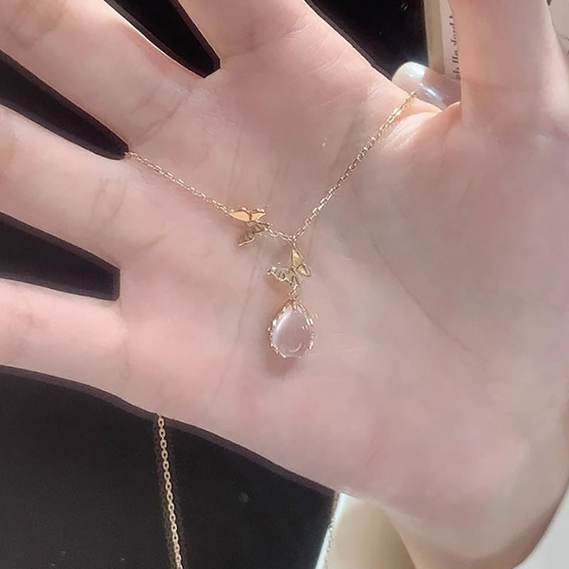 Light Luxury Daytime Collection Pink Crystal Pendant Sterling Silver Butterfly Necklace for Women Attracting Love Clavicle Chain