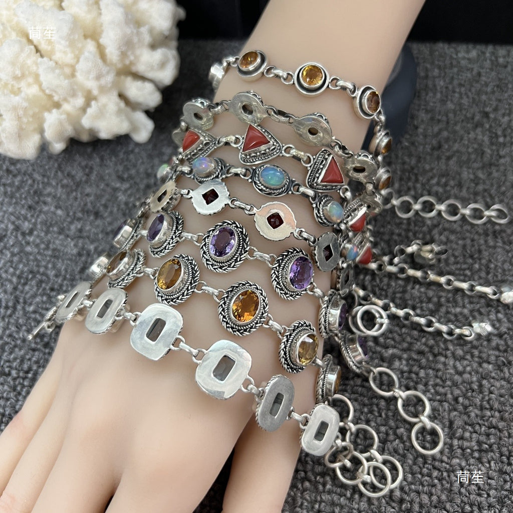 Nepal Handmade 925 Inlaid Yellow Crystal Ruby Amethyst Opal Stone Vintage Bracelet