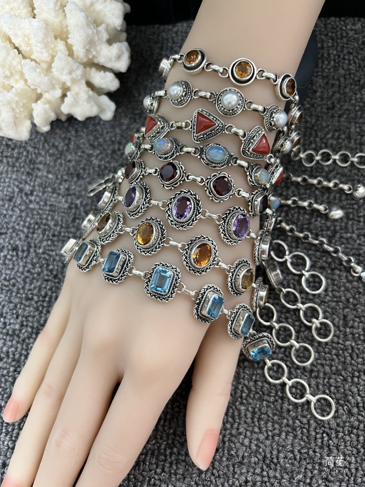 Nepal Handmade 925 Inlaid Yellow Crystal Ruby Amethyst Opal Stone Vintage Bracelet