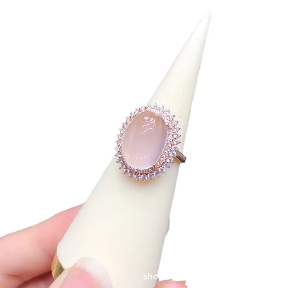 Natural Rose Quartz Ring Plain Crystal Fashionable Elegant 925 Silver Gold Plated Fine Craft Inlaid Gemstone Unisex Ring