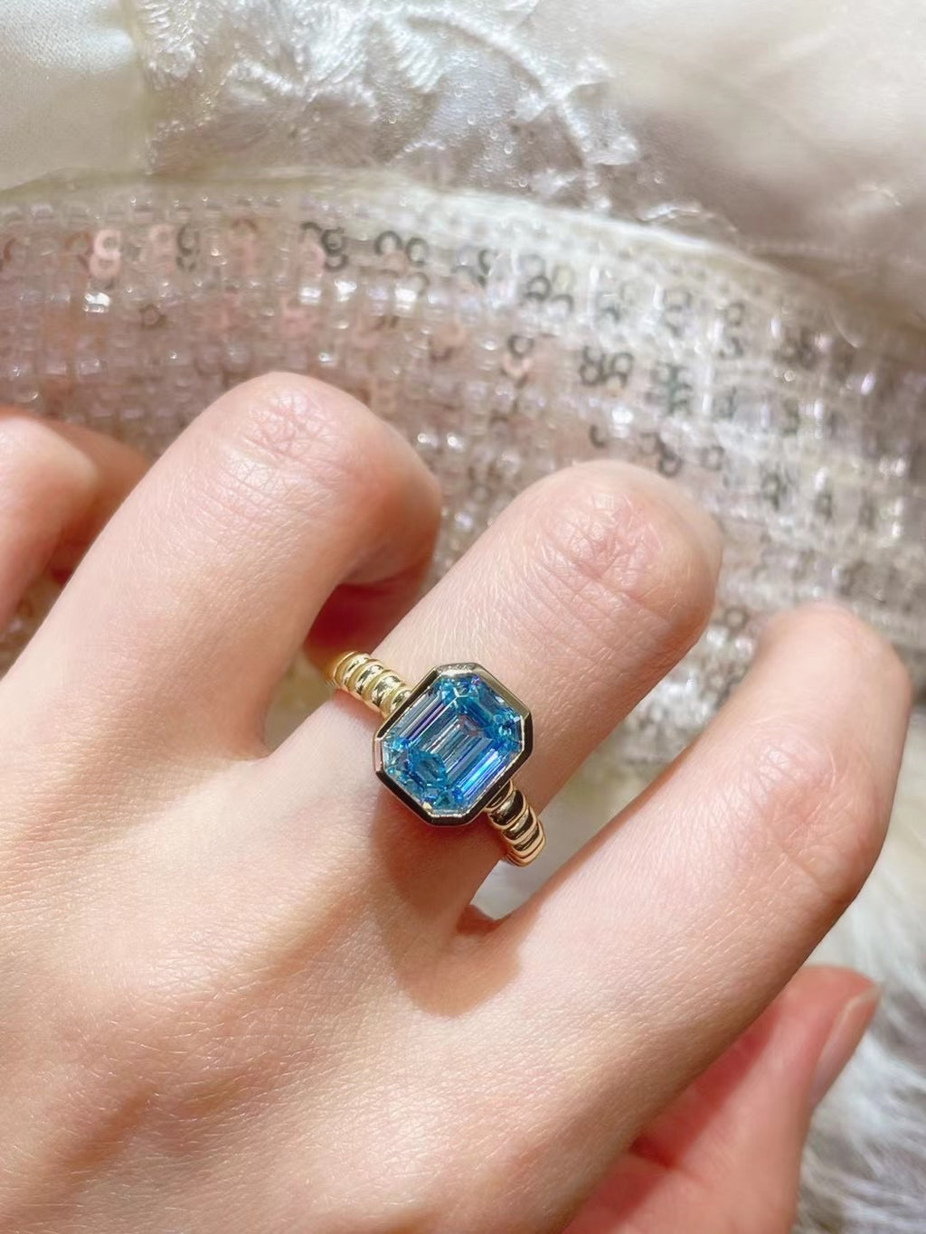 925 Silver Gold Plated High Carbon Diamond Asscher Aquamarine T Square Ring