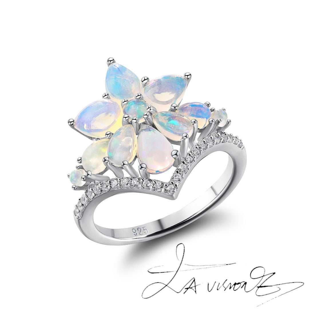 S925 Silver Inlaid Natural Opal Vintage Jewelry Synthetic White Sapphire Ring