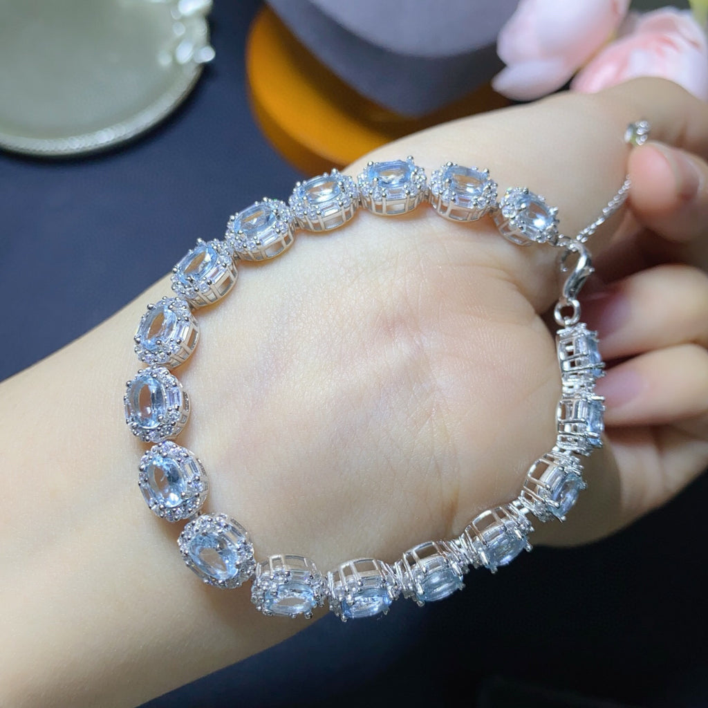 925 Silver Fine Craft Setting Inlaid 4x6mm Exquisite Temperament Style Natural Aquamarine Bracelet
