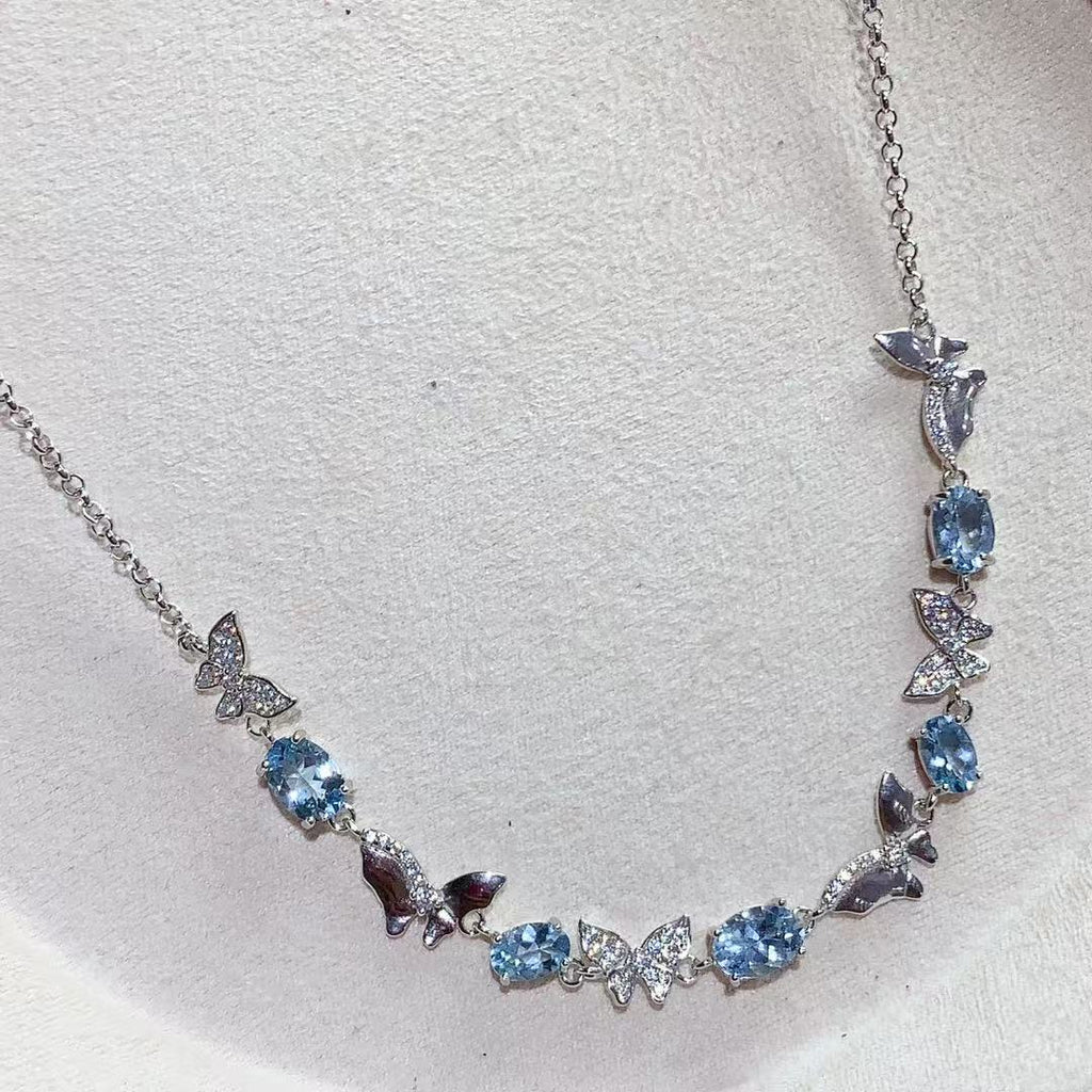 Natural Aquamarine Necklace 925 Sterling Silver Butterfly Exquisite Light Luxury Niche Design High-end Colorful Gemstone Collarbone Chain