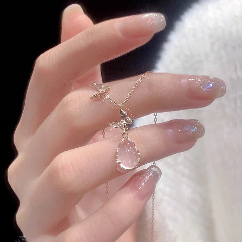Light Luxury Daytime Collection Pink Crystal Pendant Sterling Silver Butterfly Necklace for Women Attracting Love Clavicle Chain