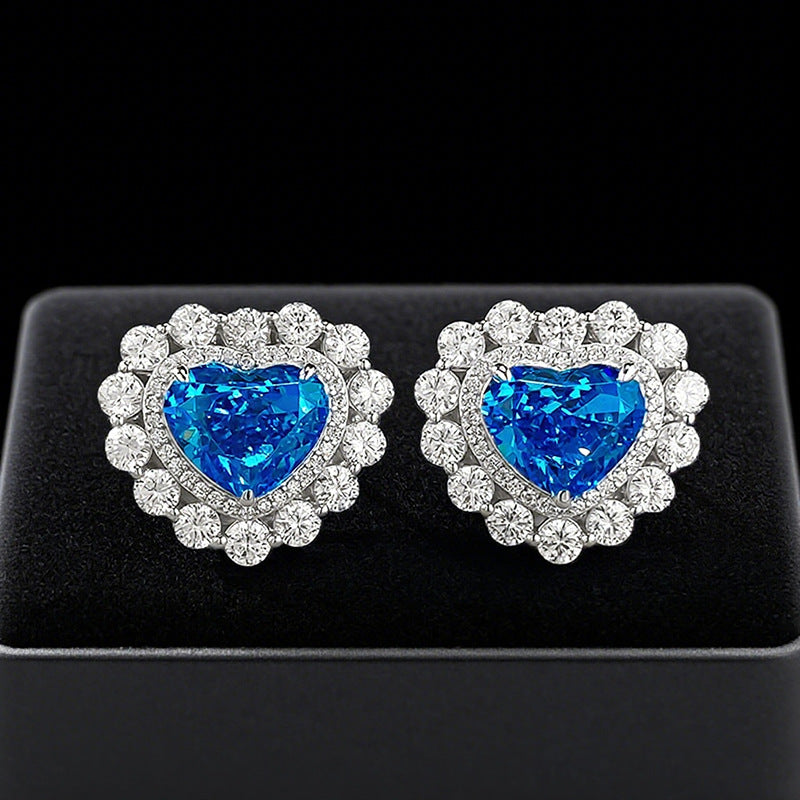 S925 Silver Full Inlaid Heart 9*11 Aquamarine High Carbon Diamond Ice Flower Heart-shaped Earrings