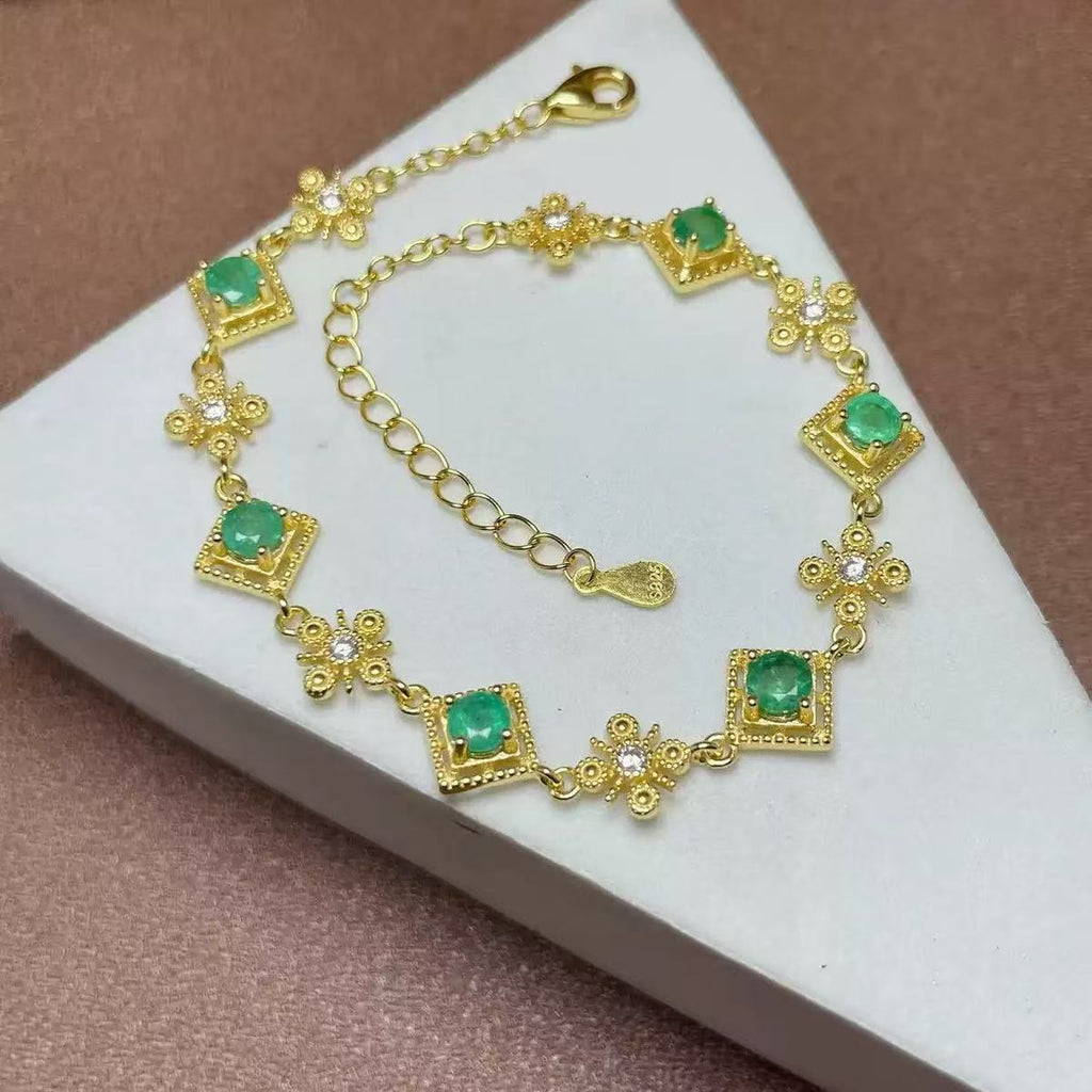 Vintage 925 Silver Inlaid with Emerald Tanzanite Pink Opal Natural Gemstone Multi-Gem Bracelet