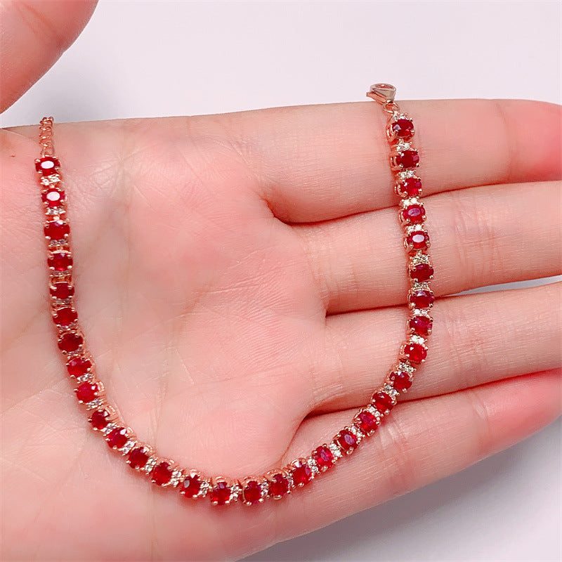 S925 Silver Plated Rose Gold Inlaid 3*4mm Natural Pigeon Blood Ruby Bracelet