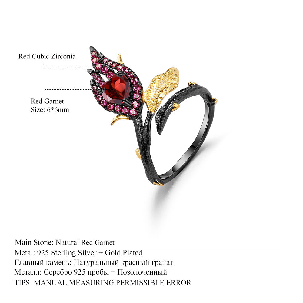 Elegant Floral Style 925 Silver Red Garnet Open Ring